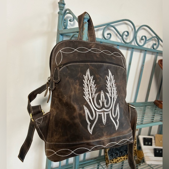 Rustic Embroidered Wing Small Backpack Genuine Crazy Horse Leather Western Bag - Picture 8 of 16